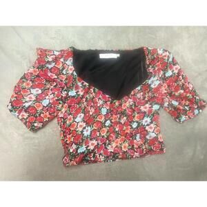 Astr the Label Crop Top Junior Women S Puff Sleeve Floral Red Black Flower Small